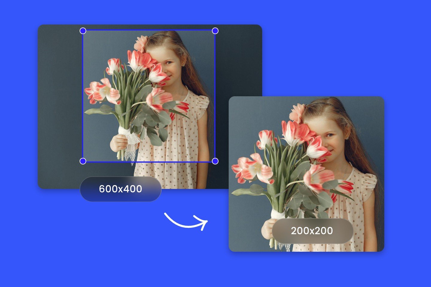 Turn a photo of a little girl holding a flower into a square by cropping or resizing with Fotor
