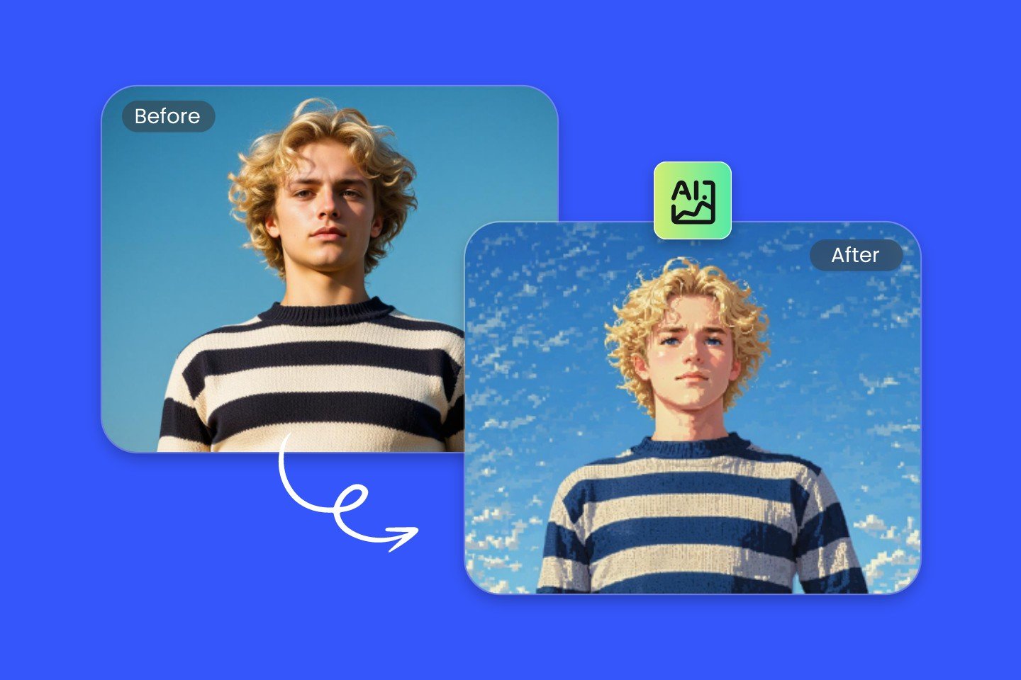 Turning a photo of a blonde boy in black and white stripes into pixel art with fotor image to pixel converter