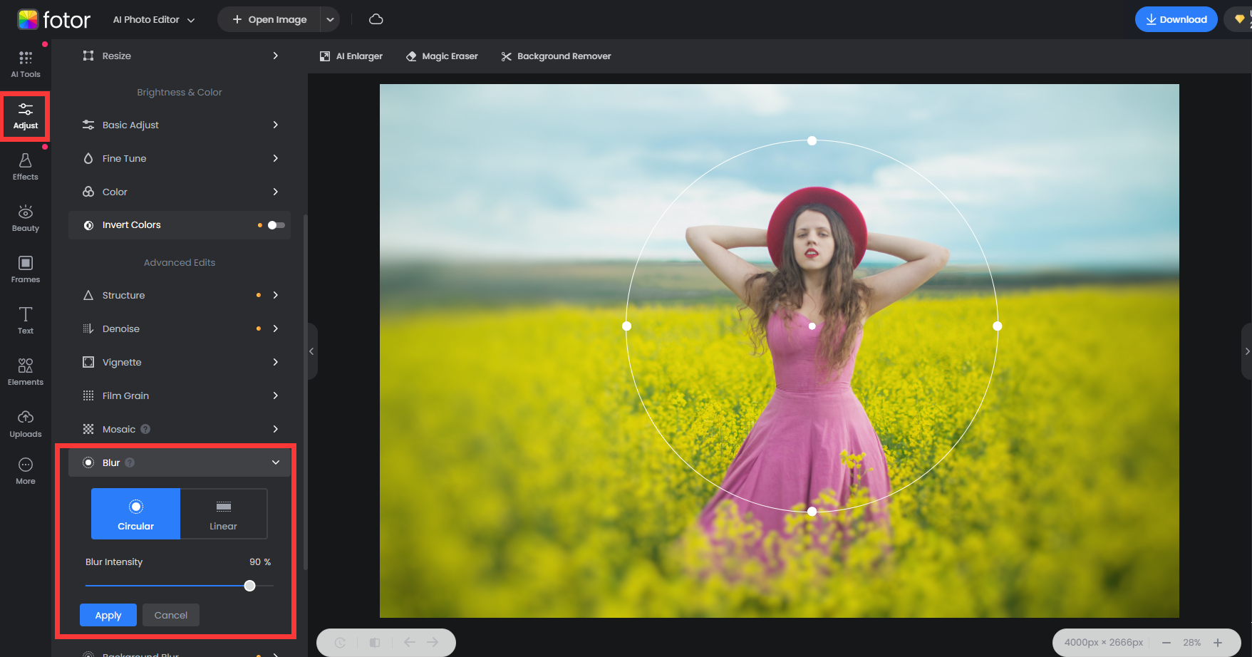 blur image bakcground with circle blur tool